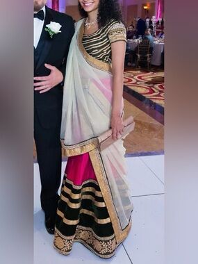 Elegant Hot Pink and Gold Layered Women's Saree / Lehenga (3 pieces)